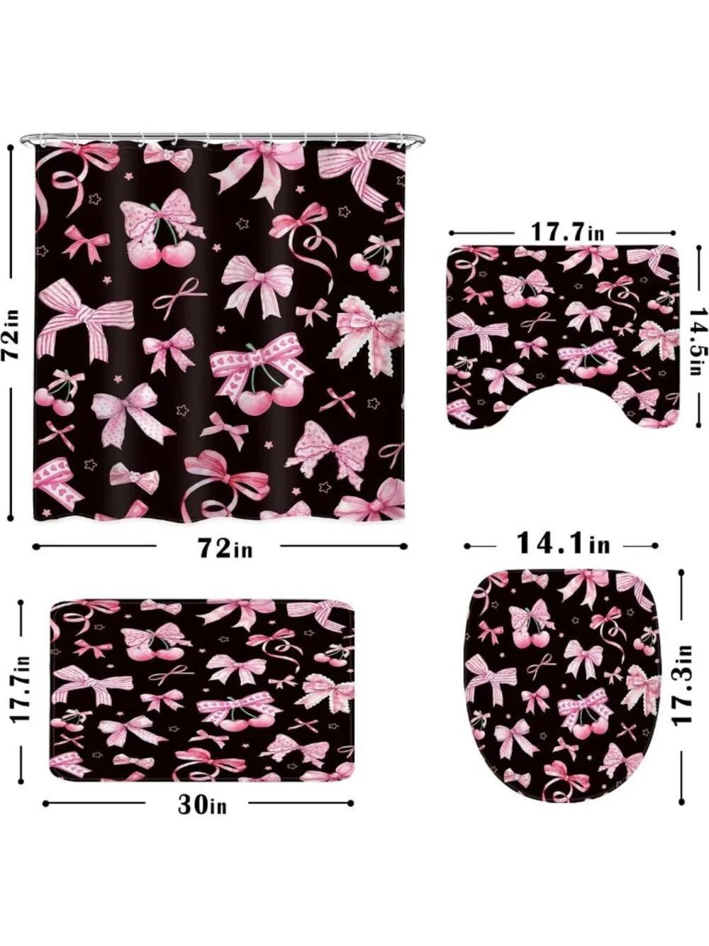 Cherry Bow Shower Curtain Set - 4 PCS Pink & Black Bathroom Decor, Rugs